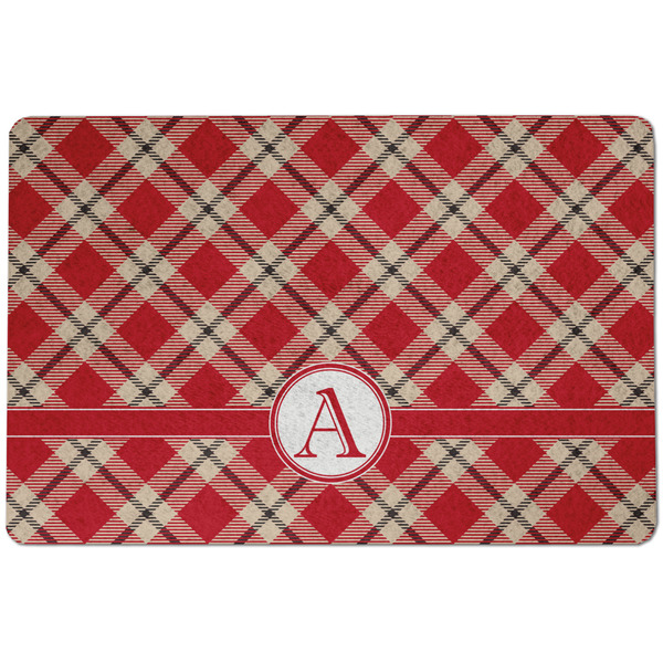 Custom Red & Tan Plaid Dog Food Mat w/ Initial