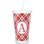 Red & Tan Plaid Double Wall Tumbler with Straw (Personalized)