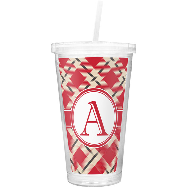 Custom Red & Tan Plaid Double Wall Tumbler with Straw (Personalized)