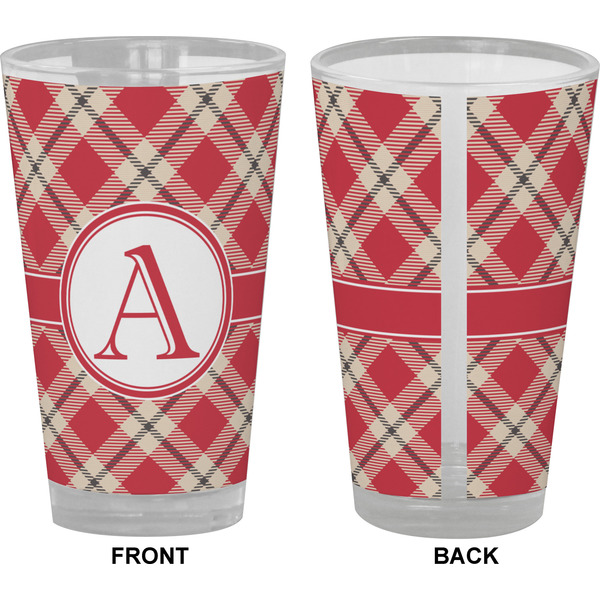 Red & Tan Plaid Pint Glass - Full Color - Front & Back Views