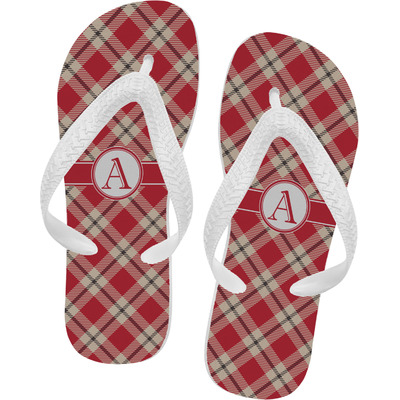 Red & Tan Plaid Flip Flops - Large (Personalized)