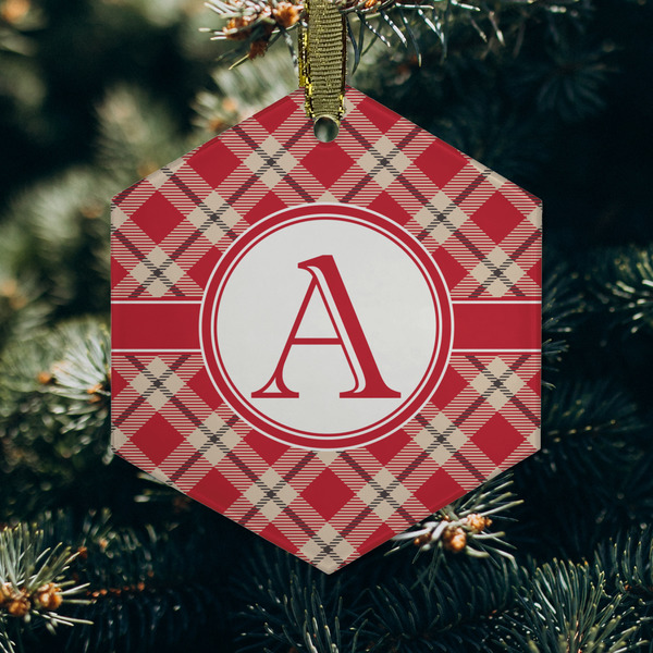Red & Tan Plaid Frosted Glass Ornament - Hexagon (Lifestyle)