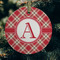Red & Tan Plaid Frosted Glass Ornament - Round (Lifestyle)