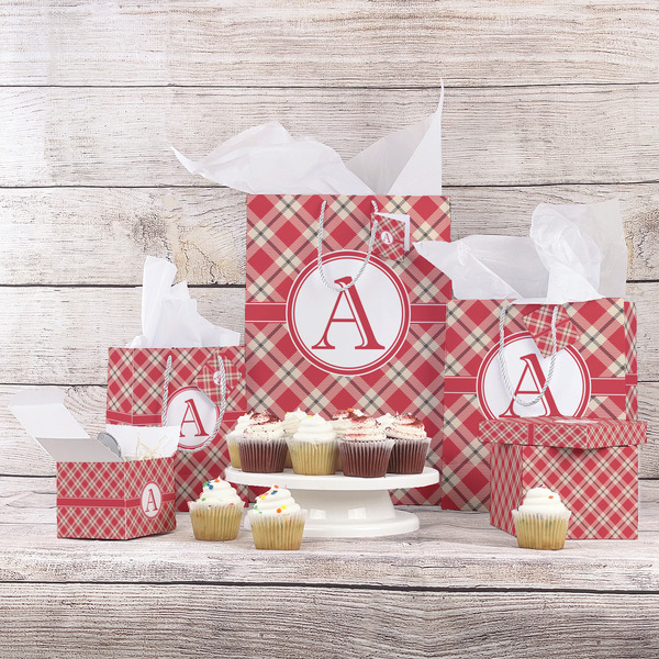 Red & Tan Plaid Gift Bags - In Context
