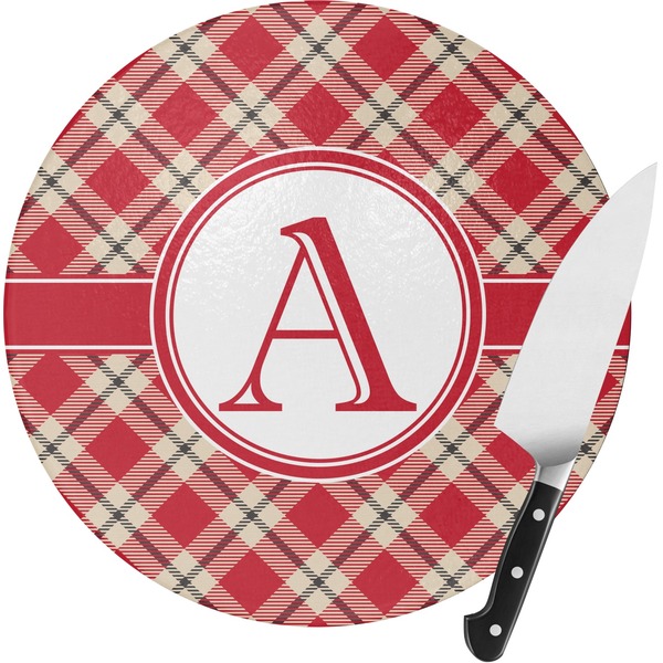 Custom Red & Tan Plaid Round Glass Cutting Board (Personalized)