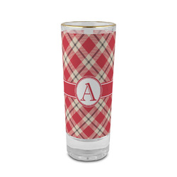 Red & Tan Plaid 2 oz Shot Glass -  Glass with Gold Rim - Single (Personalized)