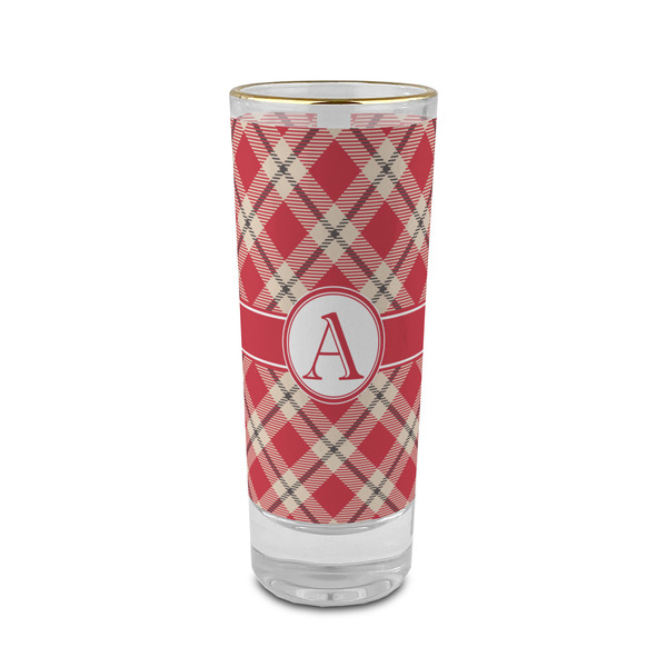 Custom Red & Tan Plaid 2 oz Shot Glass -  Glass with Gold Rim - Set of 4 (Personalized)