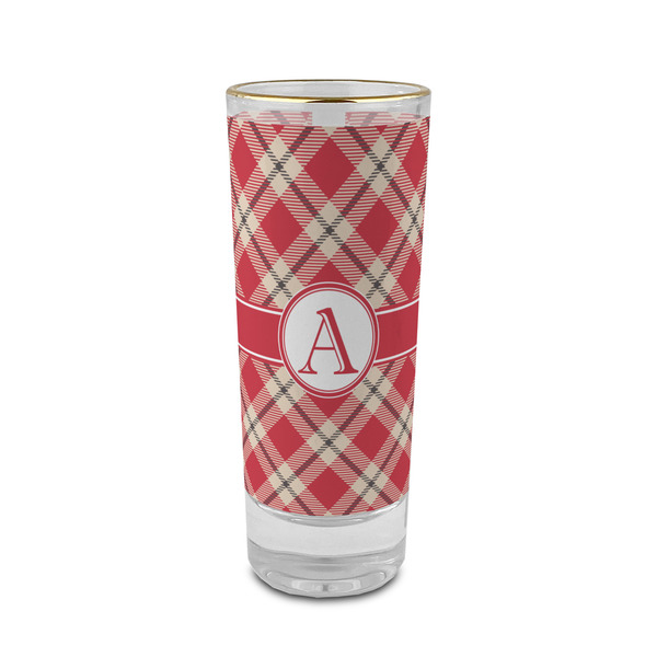Custom Red & Tan Plaid 2 oz Shot Glass - Glass with Gold Rim (Personalized)
