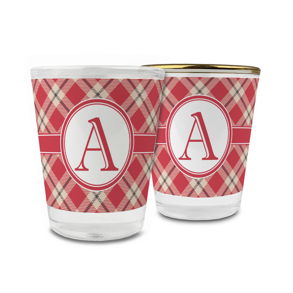 Custom Red & Tan Plaid Glass Shot Glass - 1.5 oz (Personalized)