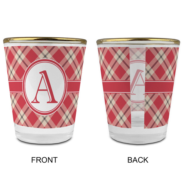 Red & Tan Plaid Glass Shot Glass - with gold rim - APPROVAL