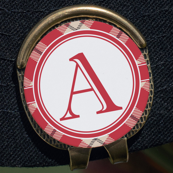 Red & Tan Plaid Golf Ball Marker Hat Clip - Gold - Close Up