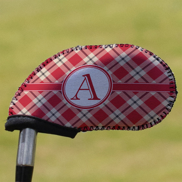 Custom Red & Tan Plaid Golf Club Iron Cover (Personalized)