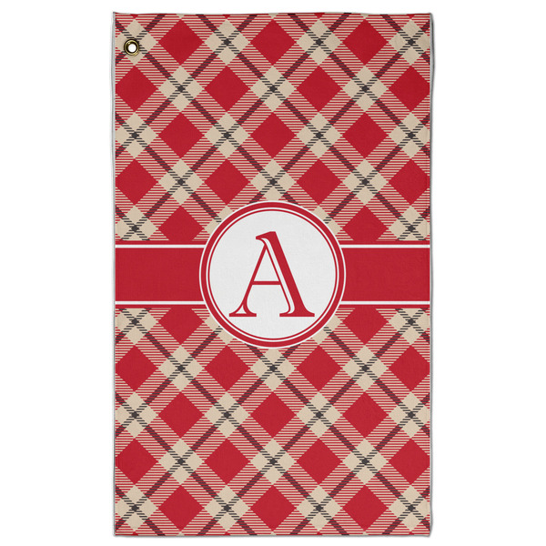 Custom Red & Tan Plaid Golf Towel - Poly-Cotton Blend - Large w/ Initial