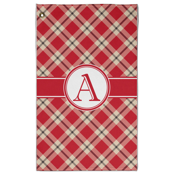Custom Red & Tan Plaid Golf Towel - Poly-Cotton Blend - Large w/ Initial