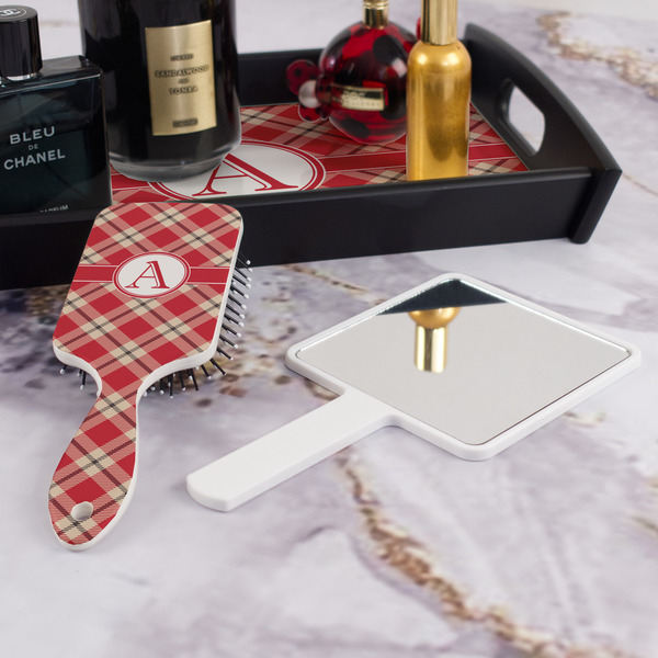 Red & Tan Plaid Hair Brush - With Hand Mirror