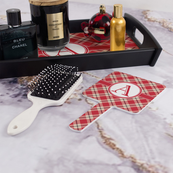 Red & Tan Plaid Hand Mirror - With Hair Brush