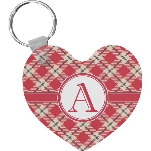 Custom Red & Tan Plaid Heart Plastic Keychain w/ Initial