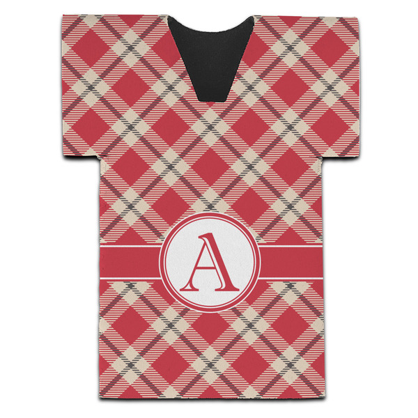 Custom Red & Tan Plaid Jersey Bottle Cooler (Personalized)