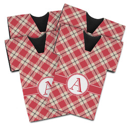 Red & Tan Plaid Jersey Bottle Cooler - Set of 4 (Personalized)