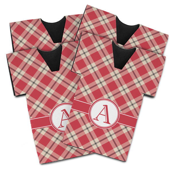 Custom Red & Tan Plaid Jersey Bottle Cooler - Set of 4 (Personalized)