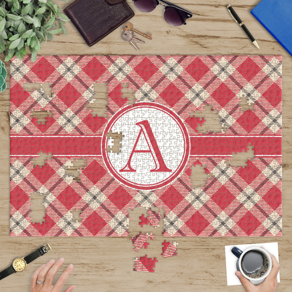 Red & Tan Plaid Jigsaw Puzzle 1014 Piece - In Context