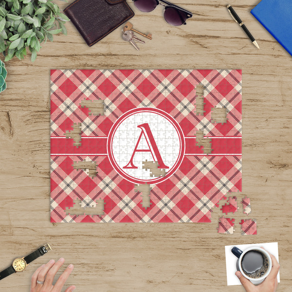 Red & Tan Plaid Jigsaw Puzzle 500 Piece - In Context