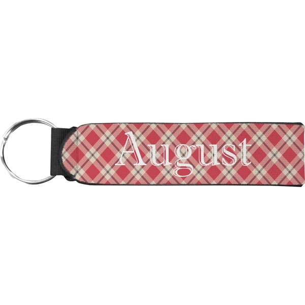 Custom Red & Tan Plaid Neoprene Keychain Fob (Personalized)