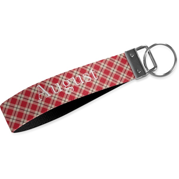 Custom Red & Tan Plaid Wristlet Webbing Keychain Fob (Personalized)
