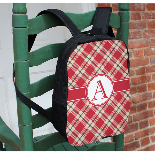 Red & Tan Plaid Kids Backpack - In Context
