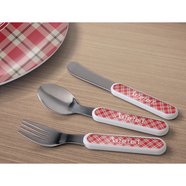 Red & Tan Plaid Kids Flatware w/ Plate