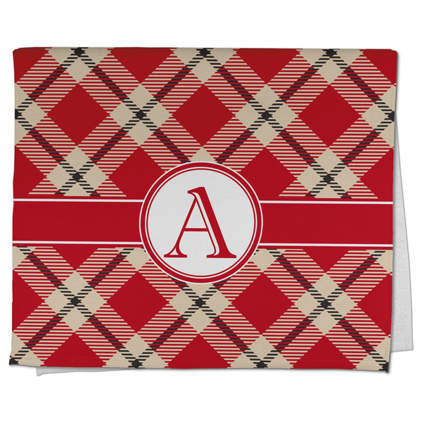 Custom Red & Tan Plaid Kitchen Towel - Poly Cotton w/ Initial