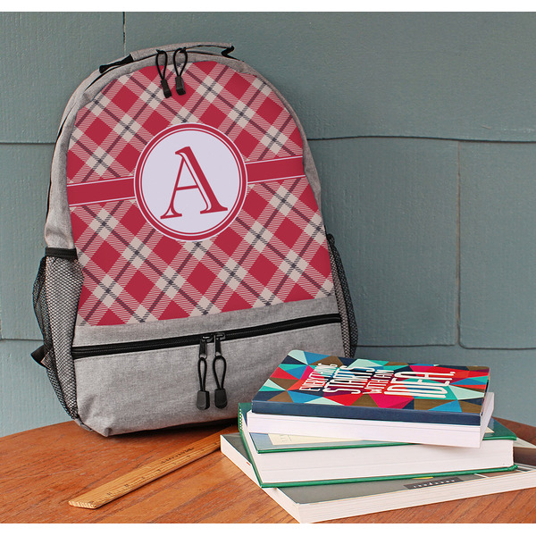 Red & Tan Plaid Large Backpack - Gray - On Desk