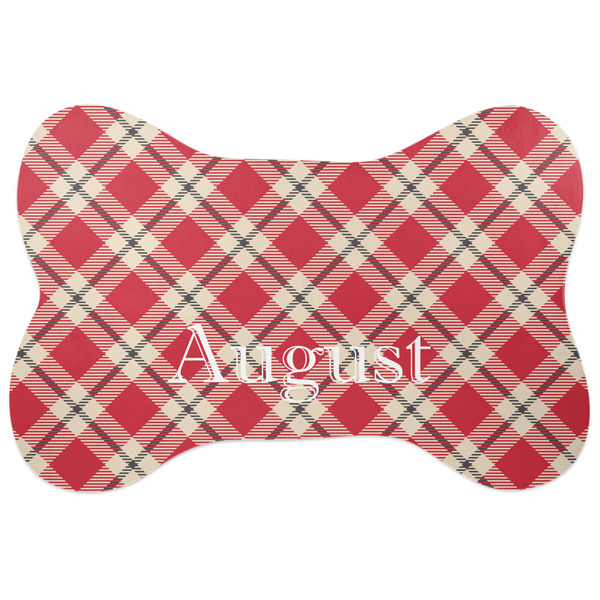 Custom Red & Tan Plaid Bone Shaped Dog Food Mat (Large) (Personalized)