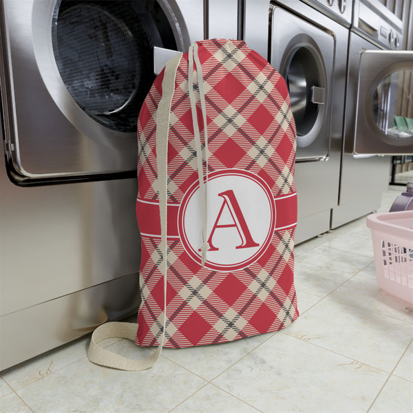 Red & Tan Plaid Large Laundry Bag - In Context