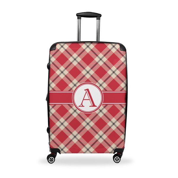 Custom Red & Tan Plaid Suitcase - 28" Large - Checked w/ Initial