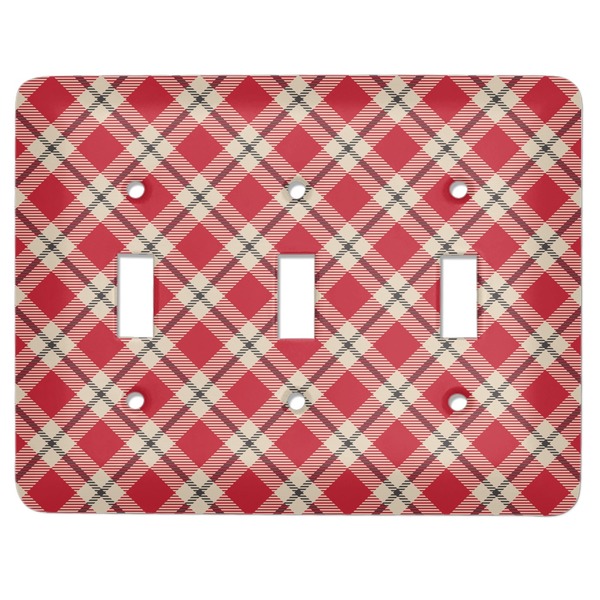 Custom Red & Tan Plaid Light Switch Cover (3 Toggle Plate)
