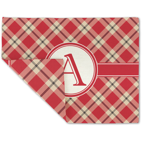 Custom Red & Tan Plaid Double-Sided Linen Placemat - Single w/ Initial