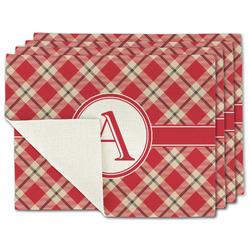 Red & Tan Plaid Single-Sided Linen Placemat - Set of 4 w/ Initial