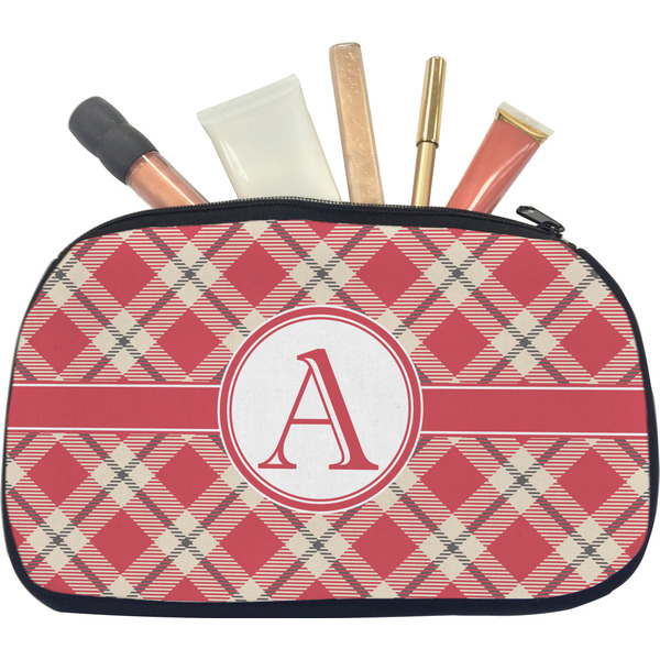 Custom Red & Tan Plaid Makeup / Cosmetic Bag - Medium (Personalized)