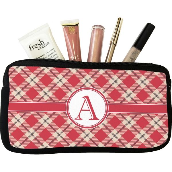 Custom Red & Tan Plaid Makeup / Cosmetic Bag - Small (Personalized)