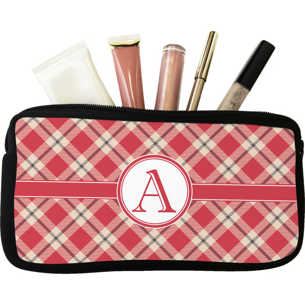 Custom Red & Tan Plaid Makeup / Cosmetic Bag - Small (Personalized)