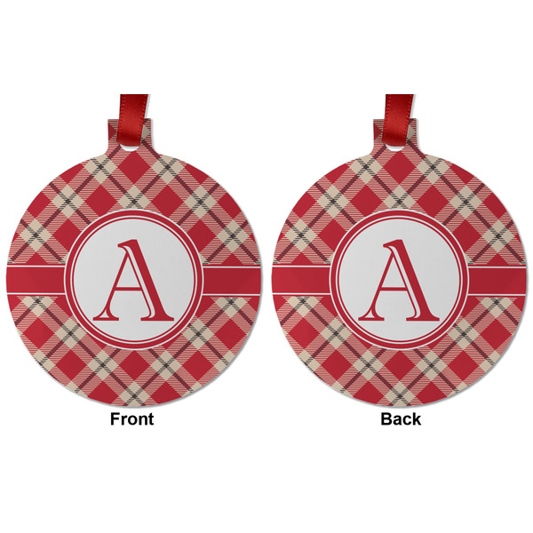 Red & Tan Plaid Metal Ball Ornament - Front and Back