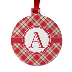 Red & Tan Plaid Metal Ball Ornament - Double Sided w/ Initial