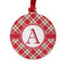 Red & Tan Plaid Metal Ball Ornament - Double Sided w/ Initial