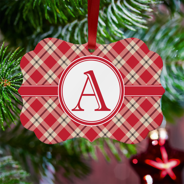 Red & Tan Plaid Metal Benilux Ornament - Lifestyle