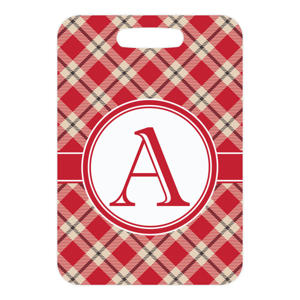 Red & Tan Plaid Metal Luggage Tag - Front Without Strap