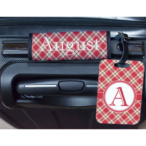 Red & Tan Plaid Metal Luggage Tag & Handle Wrap - In Context