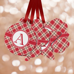 Red & Tan Plaid Metal Ornaments - Double Sided w/ Initial