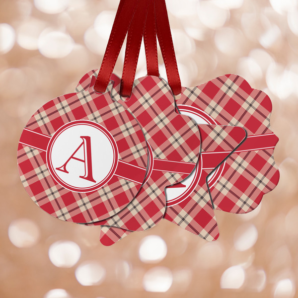 Custom Red & Tan Plaid Metal Ornaments - Double Sided w/ Initial