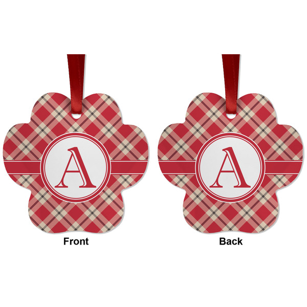 Red & Tan Plaid Metal Paw Ornament - Front and Back